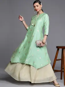 Libas Women Green & Beige Woven Design Asymmetric A-Line Kurta with Skirt