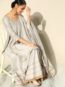 Libas Women Grey Self Design Chanderi Silk Kurta with Skirt & With Dupatta