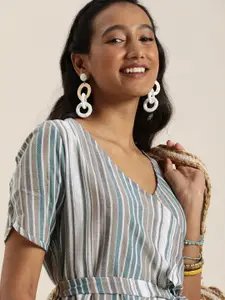 Taavi Women White & Brown Striped Pure Cotton Woven Legacy Wrap Dress With A Belt