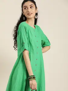 Taavi Women Green Striped Pure Cotton Woven Legacy A-Line Dress