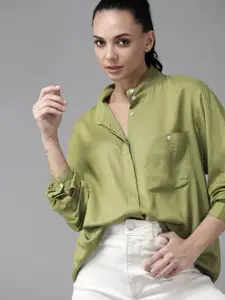 Roadster Women Olive Green Solid Casual Shirt