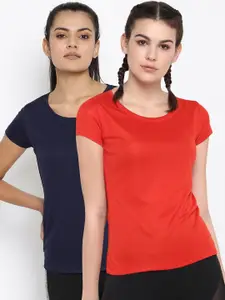 ScoldMe Women Set of 2 Red & Navy Blue Slim Fit T-shirts