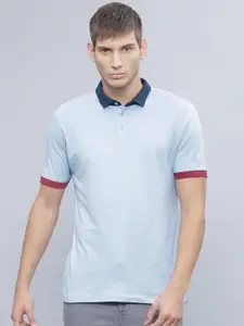 ether Men Blue Solid Pique Polo T-shirt With Contrast Rib & Collar