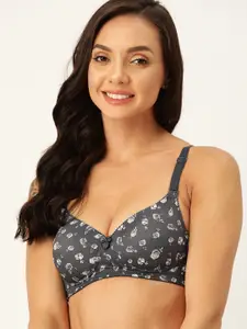DressBerry DressBerry Charcoal & Off White Floral Print T-shirt Bra - Full Coverage Lightly Padded