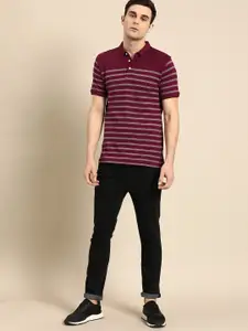 ether Men Maroon  Grey Striped Polo Collar Pure Cotton T-shirt