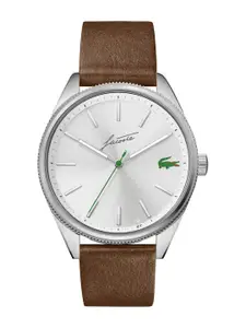 Lacoste Men Silver-Toned Brass Dial & Brown Leather Straps Analogue Watch 2011052-Silver