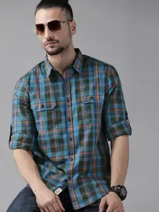 Roadster Men Blue & Olive Green Cotton Tartan Checks Sustainable Casual Shirt