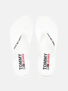 Tommy Hilfiger Women White & Navy Brand Logo Print Detail Thong Flip-Flops
