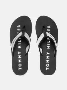 Tommy Hilfiger Women White & Black Woven Design & Brand Logo Print Thong Flip-Flops
