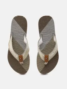 Tommy Hilfiger Women Beige & White Bold Striped Beach Thong Flip-Flops