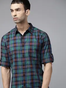 Roadster Men Navy Blue & Coffee Brown Pure Cotton Tartan Checked Sustainable Casual Shirt