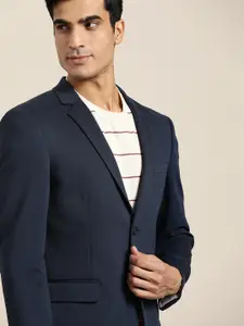 INVICTUS Navy Blue Solid Slim Fit Single Breasted Blazer