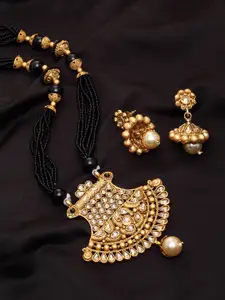 PANASH Gold-Plated Black Beads Stone-Studded Handcrafted Mangalsutra With Earrings