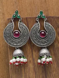 PANASH Silver-Toned Stoned Studded Contemporary Drop Earrings
