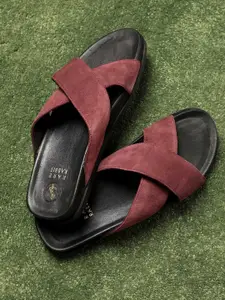 RARE RABBIT Men Maroon Colourblocked Leather Oxfords