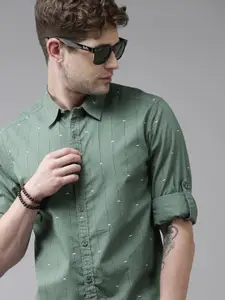 Roadster Men Green Striped Pure Cotton Casual Shirt