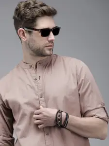 Roadster Men Beige Mandarin Collar Roll-Up Sleeves Casual Shirt