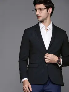 Peter England Elite Men Navy Blue Neo Slim Fit Self Design Single-Breasted Formal Blazer