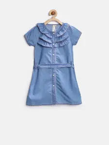 StyleStone Girls Blue Ruffled Denim Shirt Dress