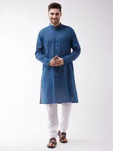 VASTRAMAY Men Blue Pure Cotton Handloom Kurta with Churidar