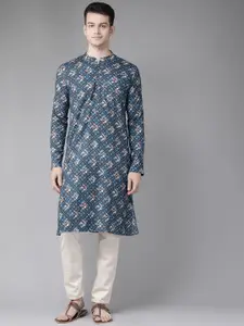 See Designs Men Blue & Grey Floral Block Print Cotton Sustainable Handloom Kurta