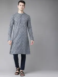 See Designs Men Blue & Grey Geometric Block Print Cotton Sustainable Handloom Kurta
