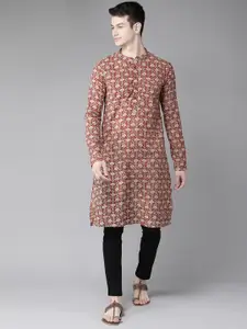 See Designs Men Rust Brown & Beige Ethnic Motifs Pure Cotton Block Print Handloom Kurta