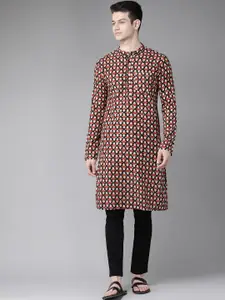 See Designs Men Maroon & Beige Geometric Block Print Cotton Sustainable Handloom Kurta