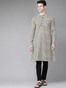 See Designs Men Beige & Black Pure Cotton Block Print Handloom Kurta