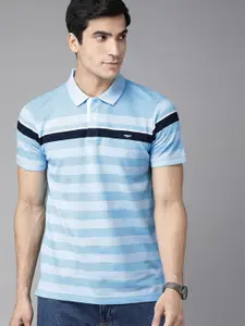 Park Avenue Men Blue Striped Polo Collar Slim Fit T-shirt