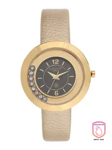 Carlton London Women Black Brass Embellished Dial & Gold Toned Leather Textured Straps Analogue Watch