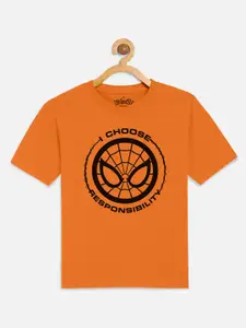 Kids Ville Boys Orange Spiderman Printed Cotton Pure Cotton T-shirt