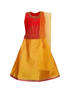 Wish Karo Girls Red & Yellow Embellished Zardozi Ready to Wear Lehenga & Blouse With Dupatta