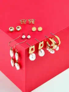 AMI Set Of 7 Gold Tone Contemporary Stud Drop & Semi-Hoops Earrings