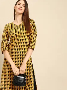Anouk Women Mustard Yellow & Black Geometric Print Pure Cotton Kurta