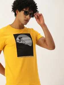 PETER ENGLAND UNIVERSITY Men Yellow Typography Printed Slim Fit Pure Cotton T-shirt