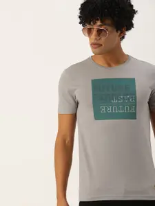 PETER ENGLAND UNIVERSITY Men Grey Typography Printed Slim Fit Pure Cotton T-shirt