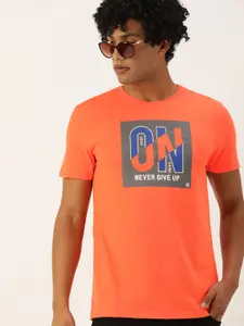 PETER ENGLAND UNIVERSITY Men Orange Typography Slim Fit Pure Cotton T-shirt