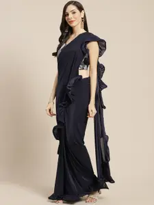 Mitera Mitera Navy Blue Solid Ruffled Ready to Wear Saree