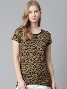 RIVI Women Brown & Black Geometric Print Round Neck T-shirt