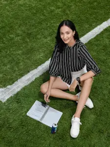 Harvard Women Black & White Striped Casual Shirt