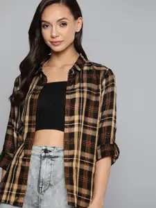 Harvard Women Beige & Black Checked Casual Shirt