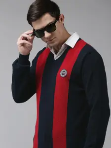 U.S. Polo Assn. U S Polo Assn Men Navy Blue & Red Colourblocked V Neck Pullover Sweater