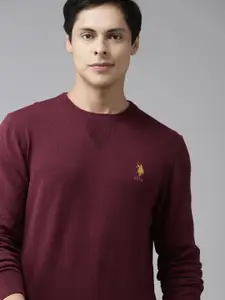 U.S. Polo Assn. Men Maroon Solid Cotton Pullover