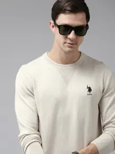 U.S. Polo Assn. U S Polo Assn Men White Brand Logo Embroidered Pure Cotton Rund Neck Pullover