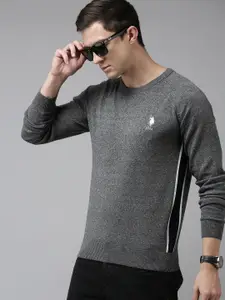 U.S. Polo Assn. U S Polo Assn Men Grey Solid Round Neck Pure Cotton Pullover Sweater