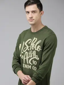 U.S. Polo Assn. Denim Co. U S Polo Assn Denim Co Men Olive Green & White Typography Printed Pullover Sweater
