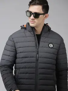 U.S. Polo Assn. Denim Co. U S Polo Assn Denim Co Men Charcoal Solid Puffer Jacket With Detachable Hood And Pouch