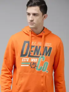 U.S. Polo Assn. Denim Co. U S Polo Assn Denim Co Men Orange Typographical Printed Hooded Sweatshirt