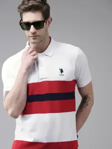 U.S. Polo Assn. U S Polo Assn Men White  Red Colourblocked Polo Collar Slim Fit  Pure Cotton T-shirt